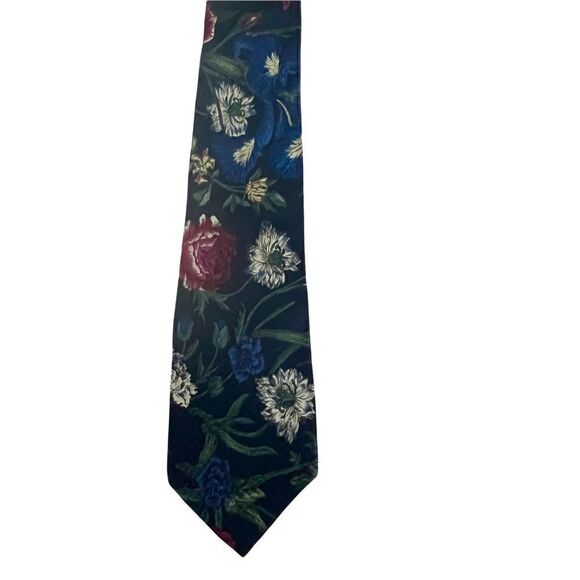 Vintage La Scala Floral Silk Tie Made in USA Navy, Green, Blue, Burgundy - Picture 1 of 3